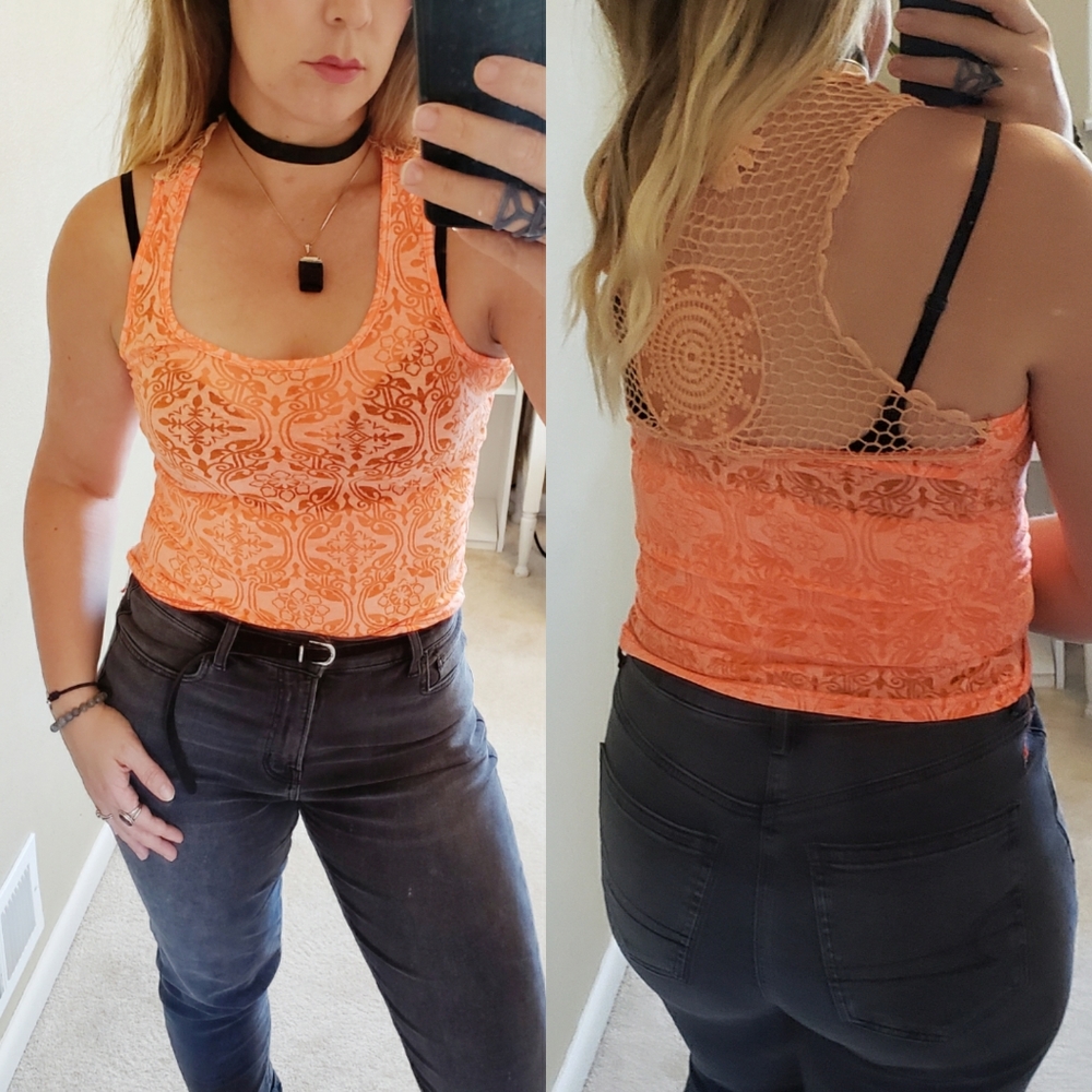 ISO - Shoreline Neon Orange Crochet Back Burnout Tank Mandala Floral Pattern